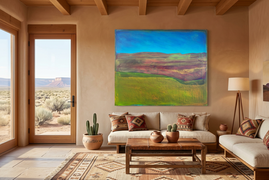 Shimmering Ridge painting hanging on the adobe wall of a desert home